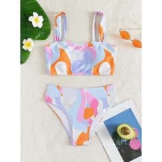 Vibrant, trendy bikini swimsuit with bold abstract patterns perfect for beach or pool days, available at Monalisa Store.