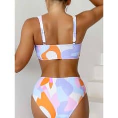 Colorful abstract print bikini top and high-waisted bottom for women, perfect for summer beachwear and pool parties.