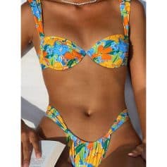 Vibrant floral bikini top with matching bottoms, perfect summer swimwear for women, available at Monalisa Store.