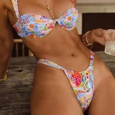 Colorful bikini with playful patterns ideal for water activities and beach outings.