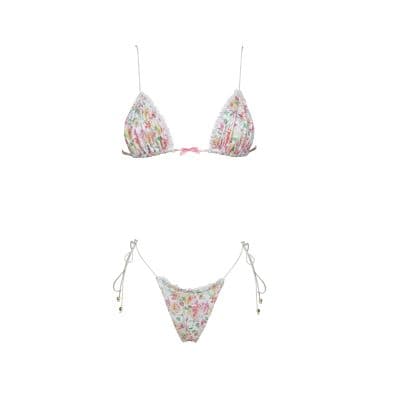 Delicate floral bikini with pastel colors, adjustable straps, and ruffle details, perfect for stylish and comfortable everyday wear.
