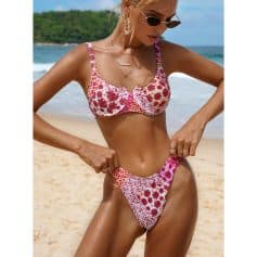 Women’s floral bikini swimsuit for beachwear, featuring vibrant red and pink flower patterns, perfect for summer and water activities.