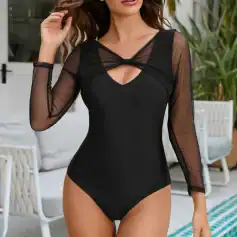 Black lace and sheer bodysuit for women with long sleeves, stylish neckline, and comfortable fit, perfect for fashionable lingerie or dress-up occasions.