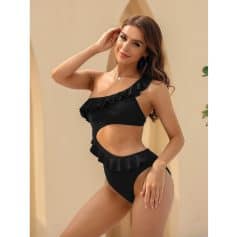 Stylish black one-piece swimsuit with ruffle details, perfect for summer beachwear and poolside lounging. Flattering cut and modern design ideal for stylish women.