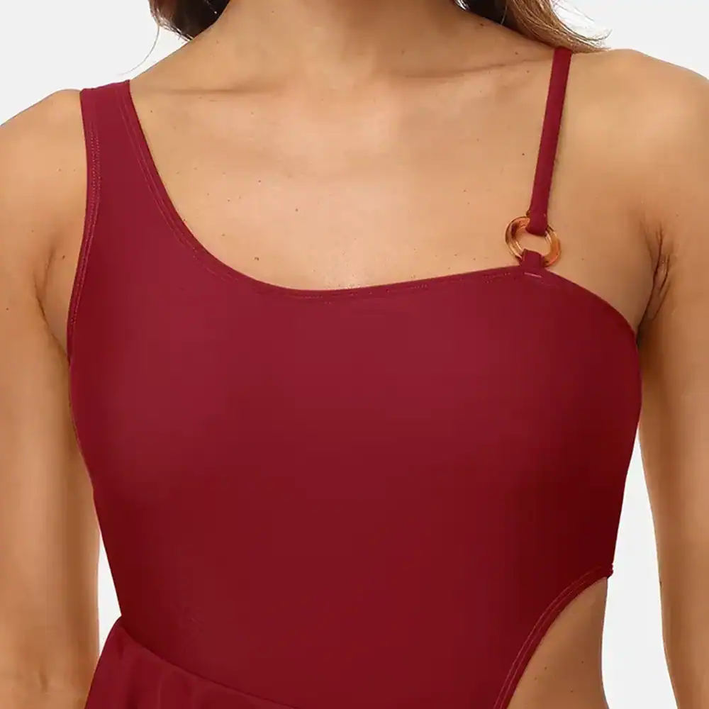 High-quality red dress featuring a stylish adjustable strap with a gold ring detail, perfect for fashion-forward women.