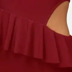 High-quality red dress featuring stylish cutout and ruffle details, perfect for fashionable women seeking chic and trendy clothing options. Ideal for parties and special occasions.