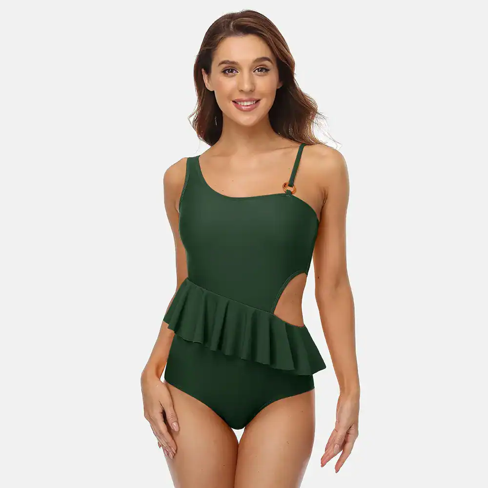 Elegant green one-piece swimwear with ruffle detail, cut-out sides, and adjustable straps for a perfect fit. Ideal for beach or poolside fashion.