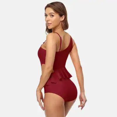 Red women's shapewear with waist control, ruffle detailing, and comfortable fit for enhanced silhouette. Ideal for slimming and fashionable wardrobe essentials.