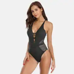 Elegant black lace swimsuit bodysuit with sexy cut-out details, perfect for beach or pool fashion. Features adjustable straps and a flattering fit, ideal for women seeking stylish swimwear options.