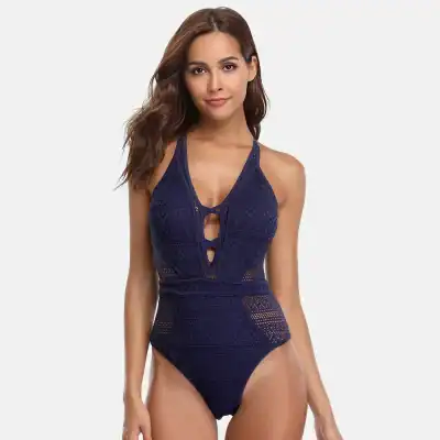 Elegant navy blue lace one-piece swimsuit with intricate cutouts and stylish design, perfect for swimwear lovers, available at Monalisa Store.