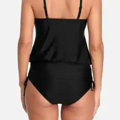 Comfortable black tankini top and high-waisted bikini bottom for women, perfect for swimming and beach activities. Flattering fit, available in plus sizes, ideal for confident and stylish swim looks.