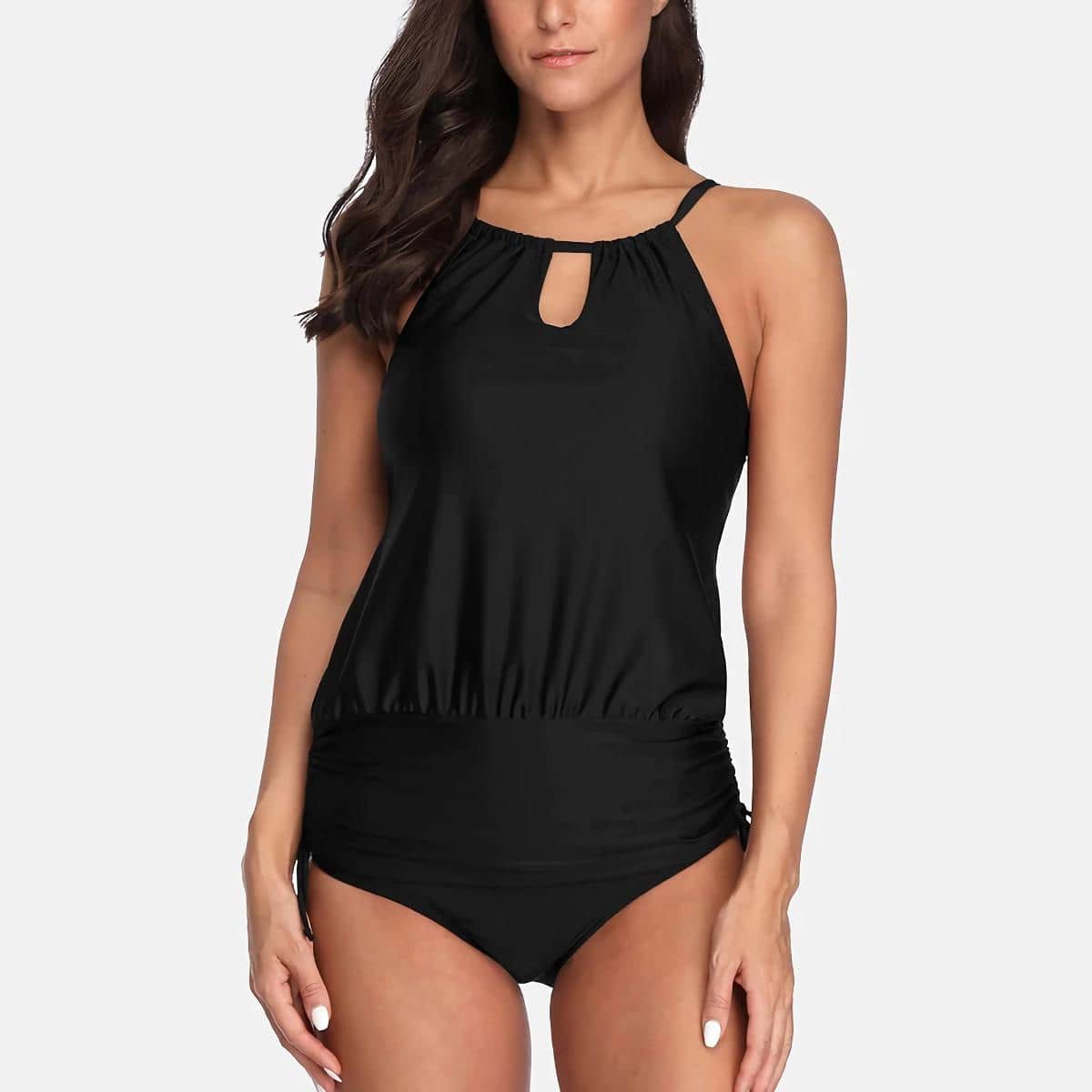 High-quality black tankini top with a stylish keyhole neckline, adjustable straps, and comfortable fit, perfect for beach and poolside fashion.