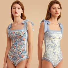Beautiful floral-patterned women's bodysuit with bow-tie shoulder straps, designed for comfort and style in premium lingerie collection.