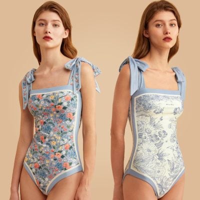 Beautiful floral-patterned women's bodysuit with bow-tie shoulder straps, designed for comfort and style in premium lingerie collection.