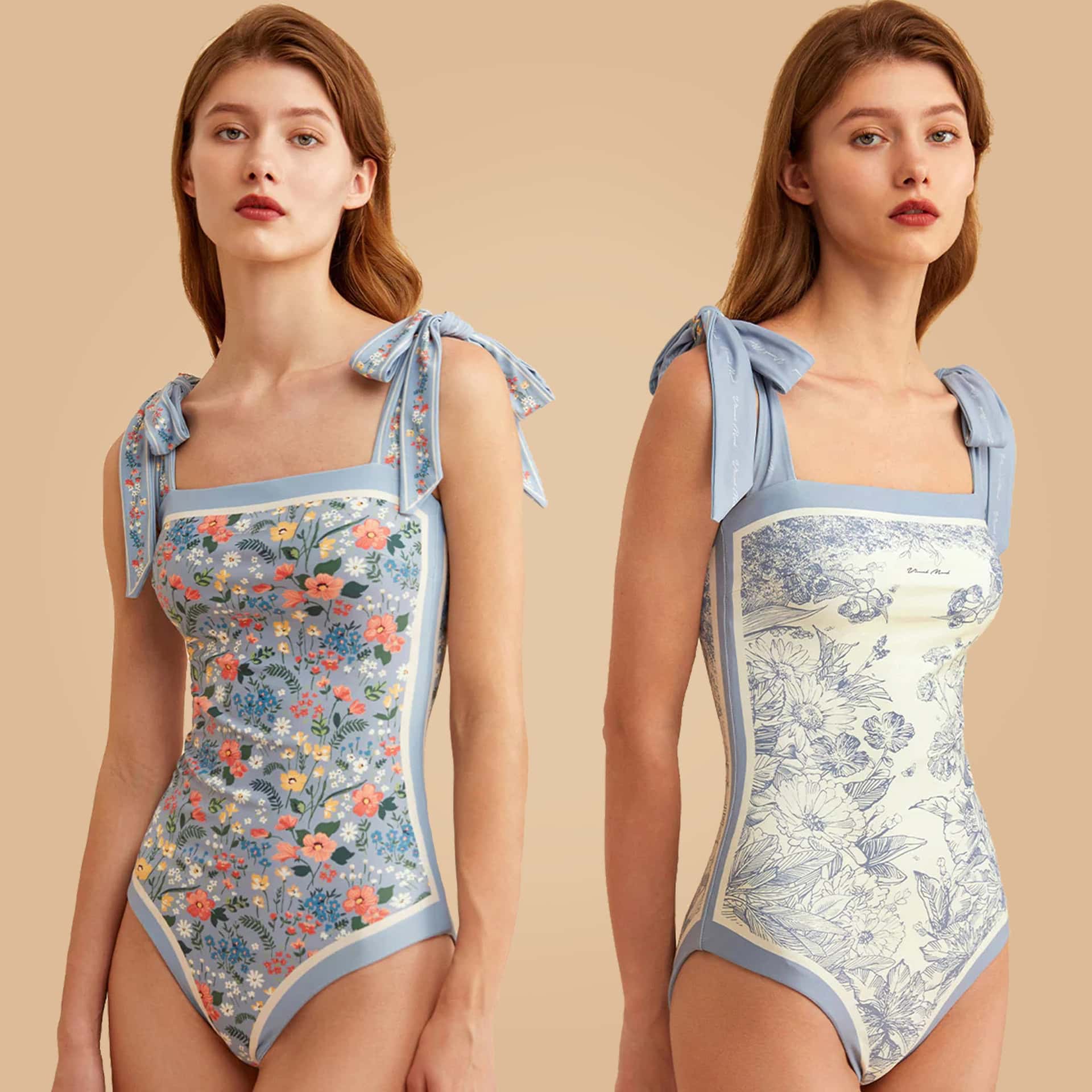 Beautiful floral-patterned women's bodysuit with bow-tie shoulder straps, designed for comfort and style in premium lingerie collection.