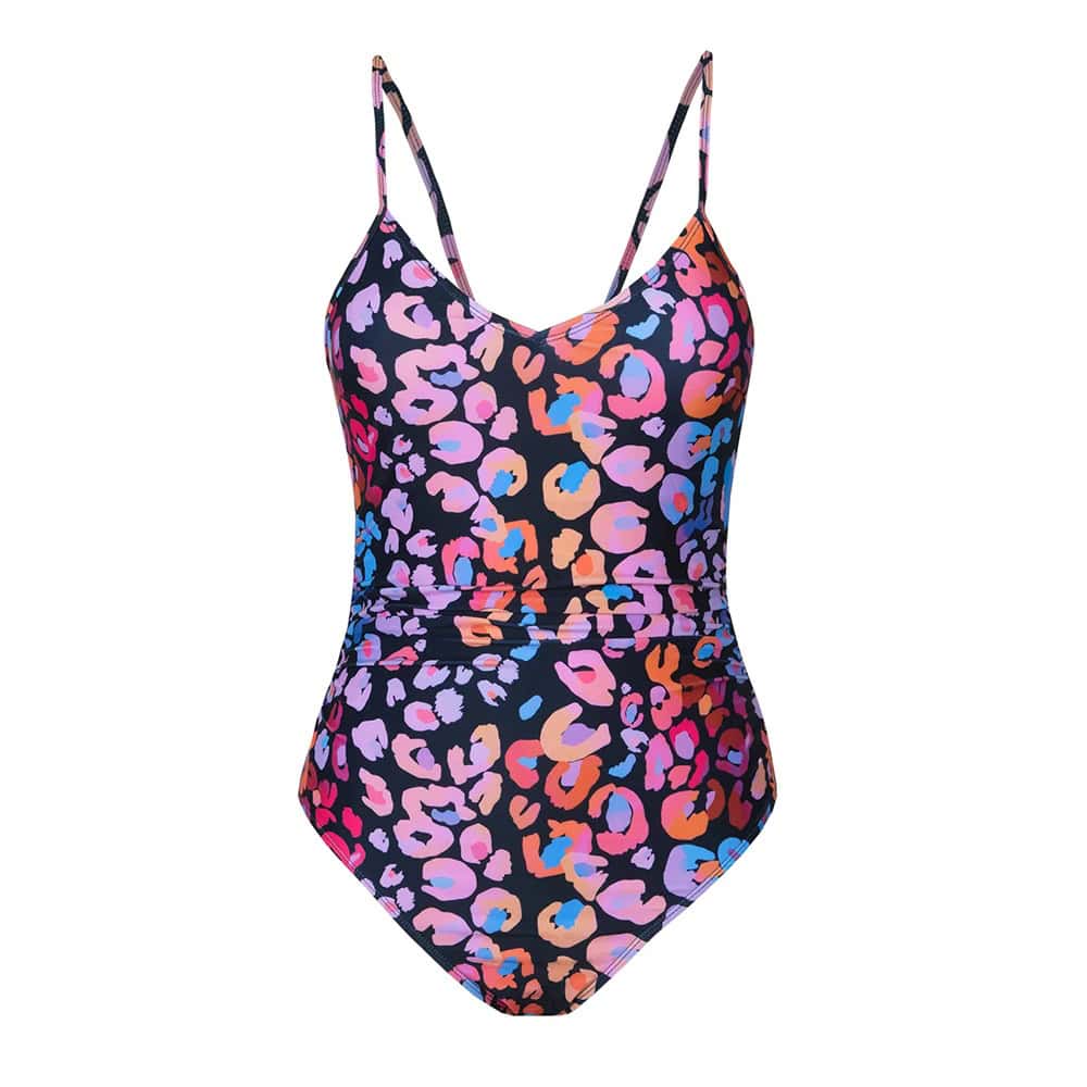 Brightly colored leopard print swimsuit with adjustable straps, perfect for trendy swimming fashion and summer beachwear from Monalisa Store.