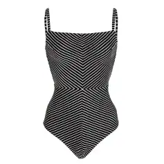 Black and white striped body suit with spaghetti straps, stylish and comfortable for casual or athletic wear. Perfect for fashion-forward outfits and versatile styling.