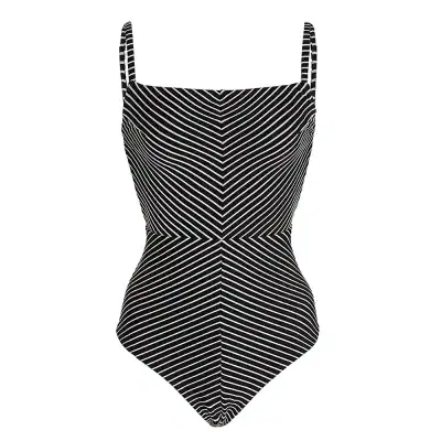 Black and white striped body suit with spaghetti straps, stylish and comfortable for casual or athletic wear. Perfect for fashion-forward outfits and versatile styling.