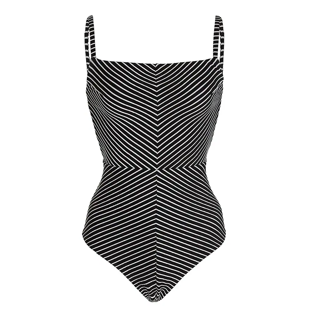 Black and white striped body suit with spaghetti straps, stylish and comfortable for casual or athletic wear. Perfect for fashion-forward outfits and versatile styling.