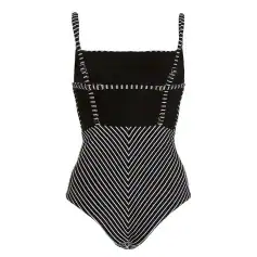 Stylish black and white striped swimsuit with cutout details, perfect for summer beachwear and poolside relaxation.