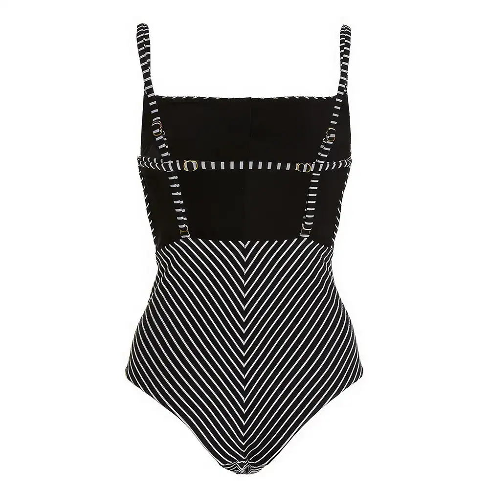 Stylish black and white striped swimsuit with cutout details, perfect for summer beachwear and poolside relaxation.