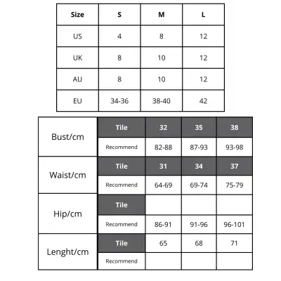A comprehensive size guide for Monalisa Store glasses, featuring measurements in US, UK, AU, and EU sizes, along with detailed bust, waist, hip, and length dimensions for optimal fit and comfort.