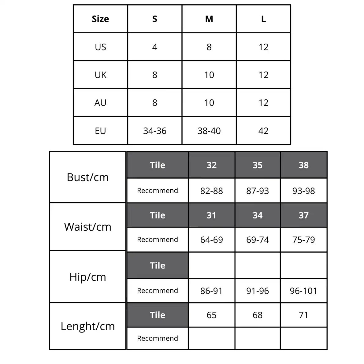 A comprehensive size guide for Monalisa Store glasses, featuring measurements in US, UK, AU, and EU sizes, along with detailed bust, waist, hip, and length dimensions for optimal fit and comfort.