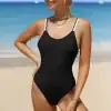 A stylish black swimsuit with decorative strap details, perfect for beachwear and swimming. Designed for comfort and elegance, ideal for summer outings and vacation getaways.