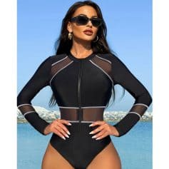 High-quality black swimsuit with mesh panels, long sleeves, and zipper closure, perfect for sun protection and active beachwear.