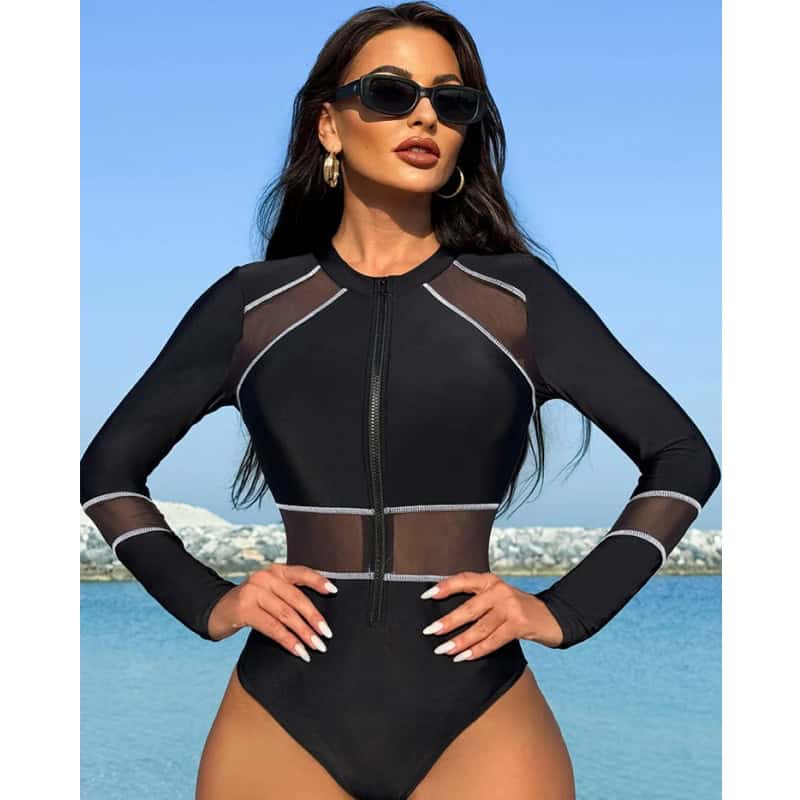 High-quality black swimsuit with mesh panels, long sleeves, and zipper closure, perfect for sun protection and active beachwear.
