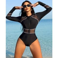 Stylish black mesh swimsuit with zipper, perfect for beach and pool outings, offering a trendy and comfortable fit for modern women.