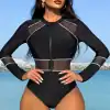 Black mesh swimsuit with zipper featuring sheer panels and contrast stitching, perfect for stylish beachwear or poolside fashion.