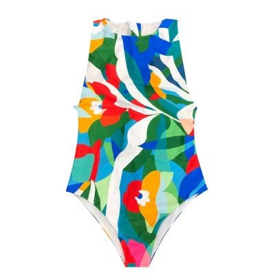 Bright, colorful floral-print one-piece swimsuit ideal for fashionable swimwear and beachwear. Perfect for women seeking trendy, comfortable swimwear with eye-catching patterns.
