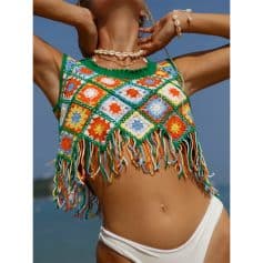 Colorful crochet tank top with intricate geometric designs, fringed hem, perfect for beach or casual summer outings.