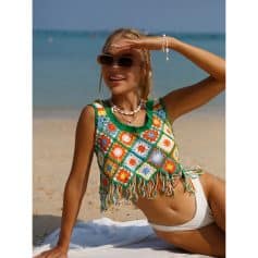 Bright, stylish beach fashion featuring crochet tops and swimwear, perfect for summer vacations and beach outings.