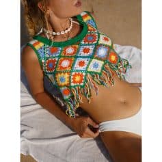 Vibrant multicolor crochet top with fringe detailing, perfect for summer, beach, or casual wear, highlighting boho and trendy fashion styles.
