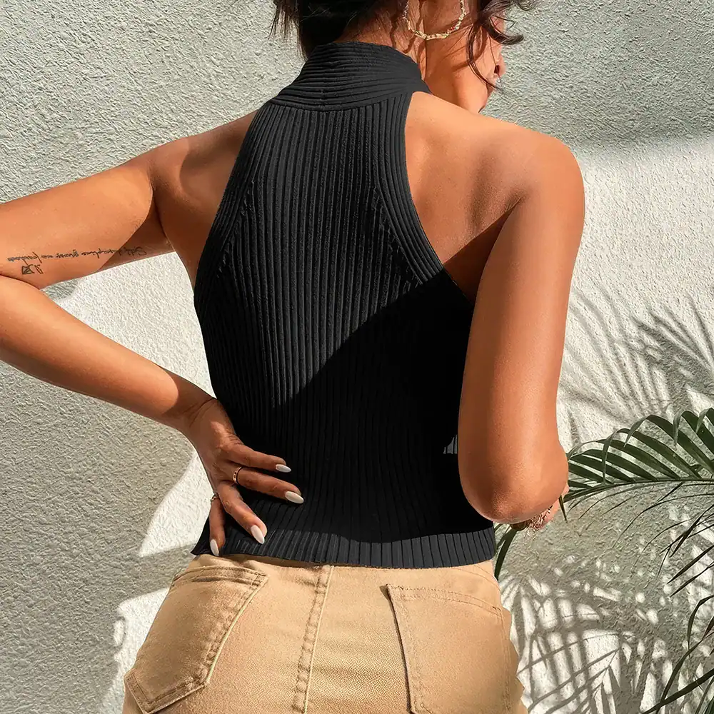 A stylish black ribbed sleeveless top perfect for a modern, elegant look, ideal for casual or dressy occasions, enhancing your fashion statement.