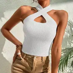 Elegant white ribbed halter top with cut-out detail, perfect for modern fashion and casual wear. Designed for style and comfort, suitable for all occasions.