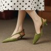 Stylish green suede high heels with ankle strap, pointed toe, and kitten heel from Monalisa Store, blending fashion and comfort for everyday elegance and special events.
