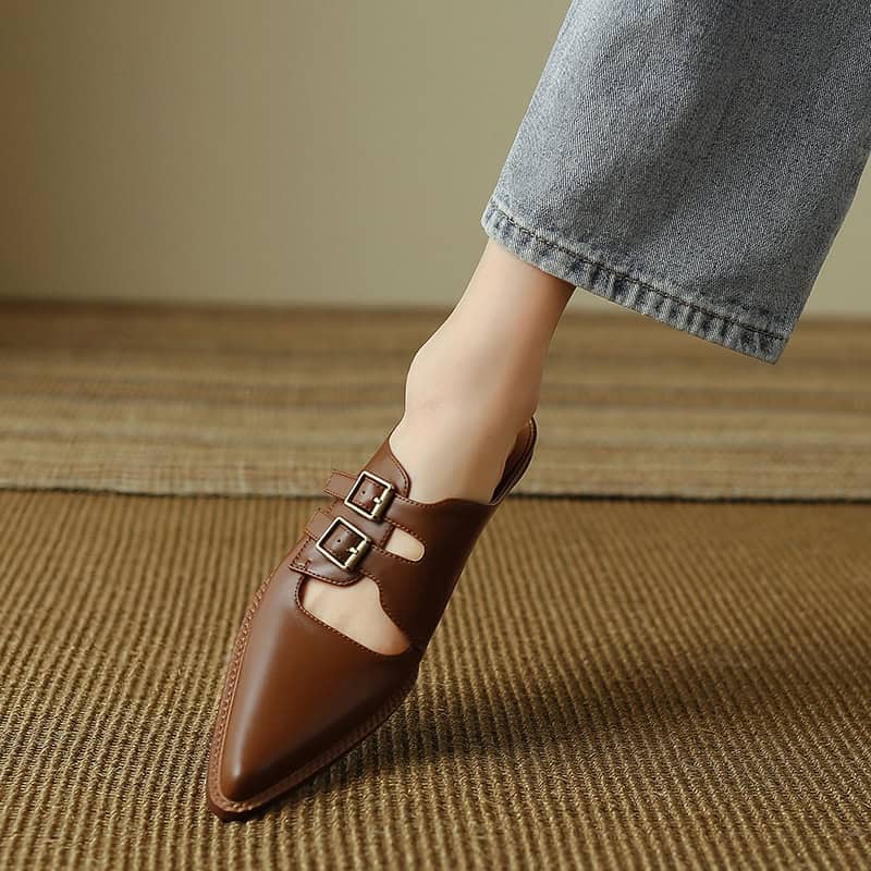 Stylish brown pointed toe shoe featuring double buckle straps, perfect for fashionable women, ideal for office or casual wear.
