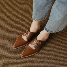 High-quality brown leather pointed-toe shoes with double buckle straps, perfect for casual or formal wear. Ideal for elevating your fashion statement with comfort and elegance.