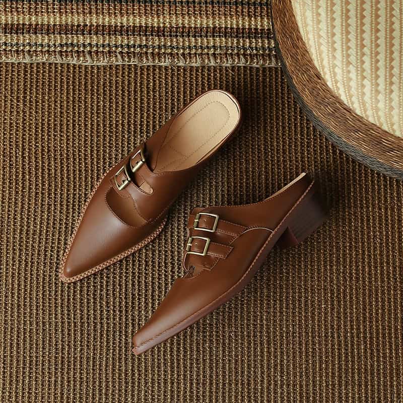 High-quality brown leather women's footwear with stylish buckles, perfect for professional or casual wear, available at Monalisa Store.