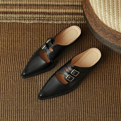 High-quality black and brown leather men's loafers with double buckle details, perfect for formal and casual wear, available at Monalisa Store for stylish footwear.