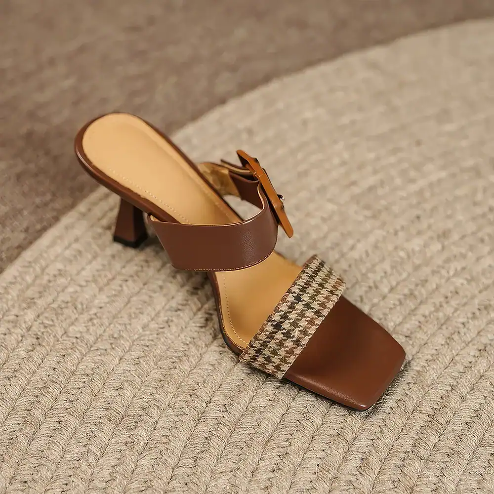 Stylish brown high heel sandal with statement strap featuring houndstooth fabric design, perfect for fashion-forward women seeking comfort and sophistication.