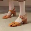 Close-up of stylish tan leather open-toe block heel shoes with ankle straps and buckle detailing, perfect for fashionable women seeking comfort and elegance.