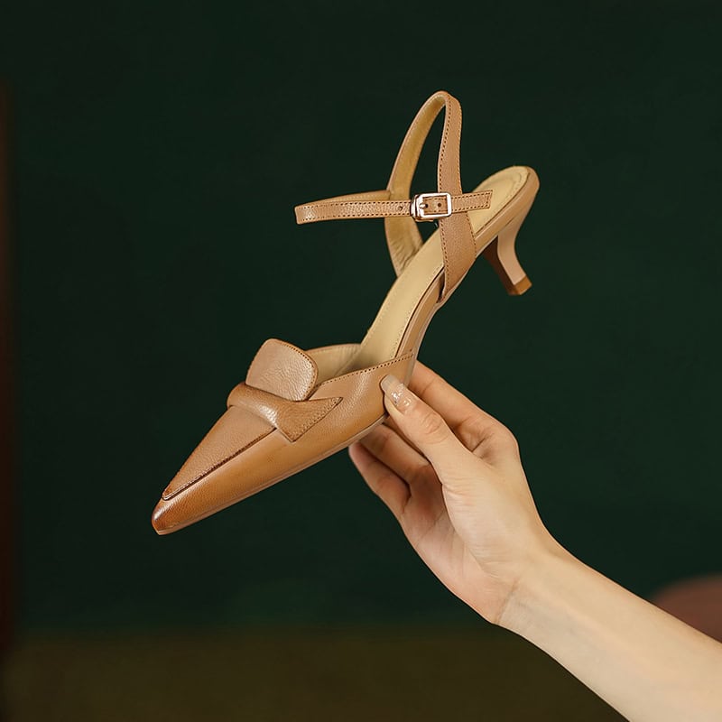 Sophisticated beige leather high heel with ankle strap, pointed toe, and stylish design, perfect for fashion-forward options at Monalisa Store.