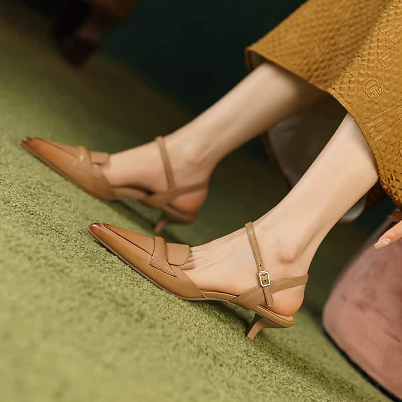 Beautiful beige pointed-toe heels with ankle straps, ideal for formal and casual outfits. Shop now at Monalisa Medical Store for quality footwear options.