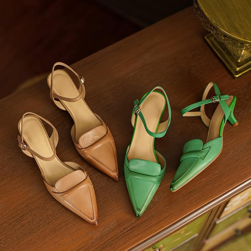 Elegant women's high heels with ankle straps, available in beige and vibrant green, perfect for formal or fashionable occasions.