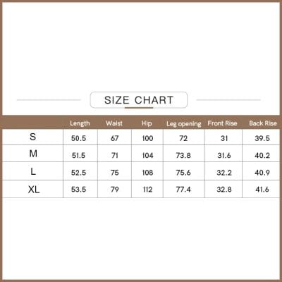Size chart for stylish eyewear, including measurements for length, waist, hip, and leg opening in various sizes from S to XL. Perfect for selecting the right fit at Monalisa Medical.