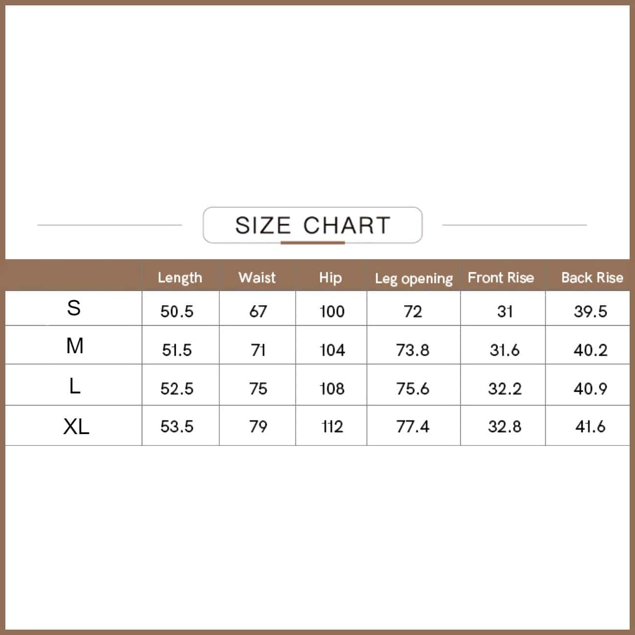 Size chart for stylish eyewear, including measurements for length, waist, hip, and leg opening in various sizes from S to XL. Perfect for selecting the right fit at Monalisa Medical.